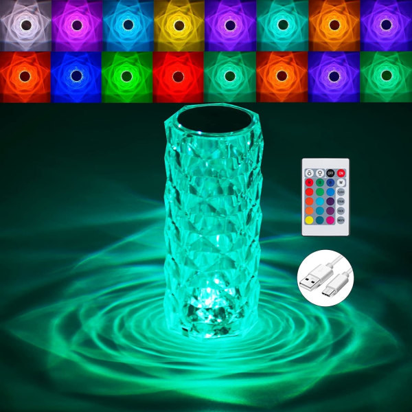 Kristalllampa 16 färger Touch Control Sparkle Rose Fjärrkontroll Bordslampa Romantisk atmosfär Prisma Diamant Uppladdningsbar LED