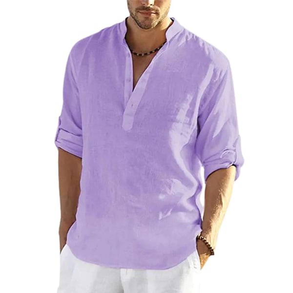 Långærmad linneskjorta herr, casual i bomuld og linne, S-5xl top, Ny design gratis frakt_p Purple XL zdq