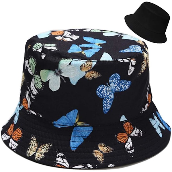 Söt bucket hat strandfiskarhattar för kvinnor, vändbar dubbelsidig användning Butterfly
