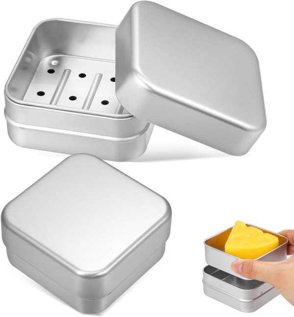 Kompakt resetvålkopp i aluminium med lock och dräneringsbricka för badrum, gym och utomhusbruk, silver, 2-pack, 8 x 8 x 3,9 cm