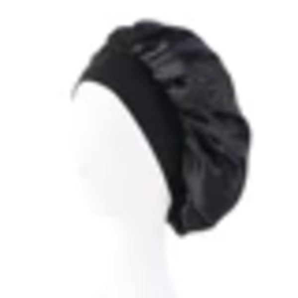 Ny dam satin solid bredbrättad sovmössa unisex huvudomslag elastiskt band mössa hårvård mössa nattmössa BLACK