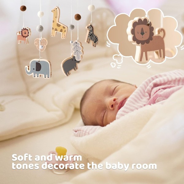 Lova Babe Baby Mobile Dyrelege med Filtkugler Giraf Løve Elefant Zebra Mobil Baby Træ Hæklet Mobil Nyfødt Dreng Pige Flodhest Blade-WELLNGS