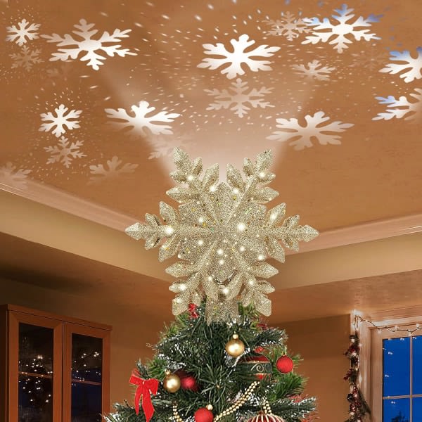 Heyone Julgrans Topp med Upplyst Gyllene Snöflingeprojektor, LED Roterande Magic Snöflinga, 3D Ihålig Glitter Upplyst Guld