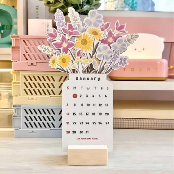 4\" x 8\" 2024 Bloomy Flowers Skrivebordskalender, Kreativ Blomster Lille Skrivebordskalender, 2024 Blomster Skrivebordskalender Planlægger, Månedlig Skrivebordsplanlægger