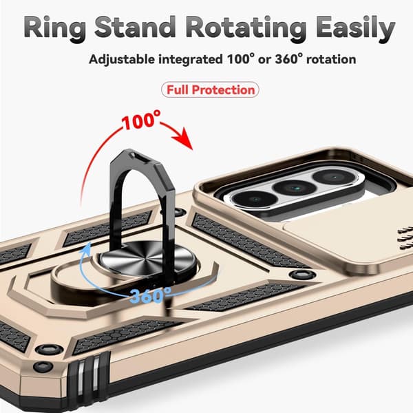Samsung Galaxy A56 5G Telefondeksel, Støtsikker PC-rustning, Skyvbart Kameradeksel, 360° Ringstativ, Kompatibel med Bilfeste, Gull