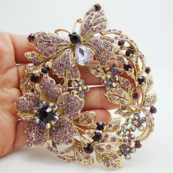 Vintage stil fjäril blomma brosch nål hänge lila österrikisk kristall brosch för kvinnor smycken zdq