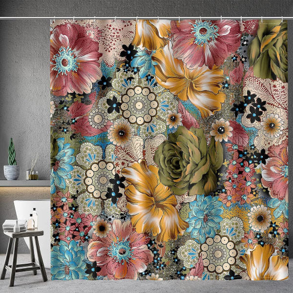 Boho Blommig duschdraperi Flerfärgade blommor tryckt bohemisk etnisk uppsättning med 12 krokar för badrum, 72\"×72\"