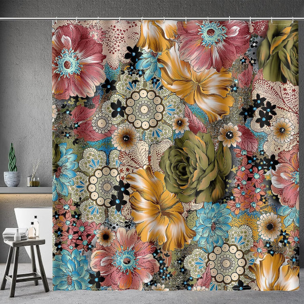 Boho Floral duschdraperi Flerfärgade blommor printed bohemiska etniska set med 12 krokar för badrum, 72"×72"