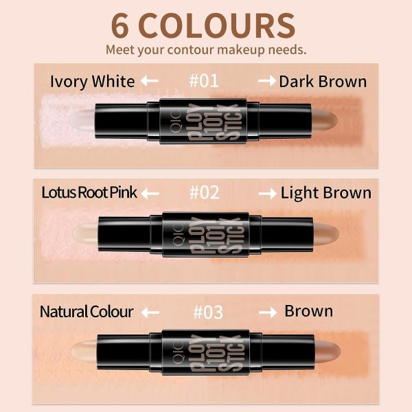 Contour Stick Set, Contour Concealer Highlighter Stick, Contour kit, 6 färger Double-end Makeup Body Face Highlighter， 3 st.