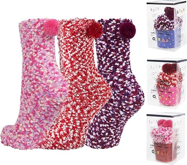 DIY Presentstrumpor för kvinnor, 3 par (röd, rosa, lila), plyschiga vintertofflor med presentförpackning