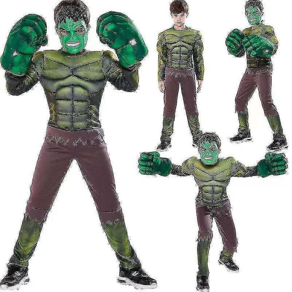 2023 Barn Grön Giant Hero Muscle Halloween Kostymer Fancy Pojkar Superhjältar Karneval Cosplay Kläder Mask Barn Julklappar kostymer-handskar-mask M