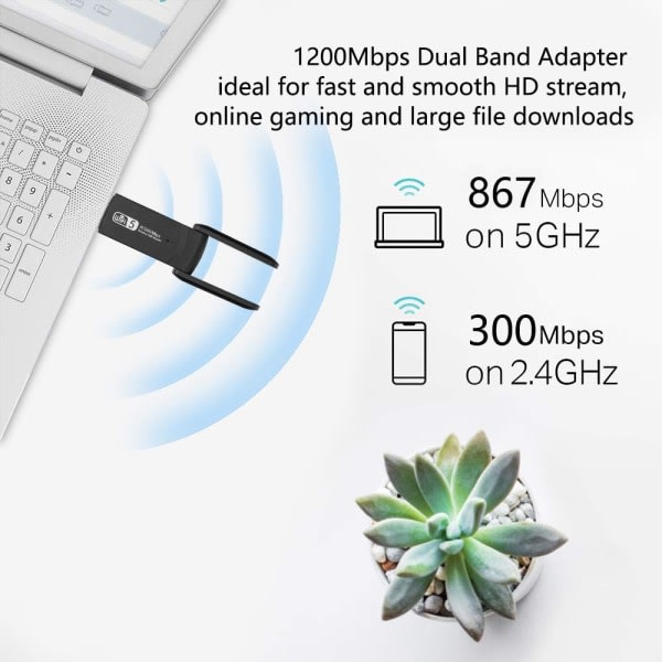 CDQ WiFi-adapter 1200 Mbit/s, WiFi Stick med 2 x antenne USB 3.0 WiFi-dongel (5 G & 867 Mbit/s + 2,4 G & 300 Mit/s)
