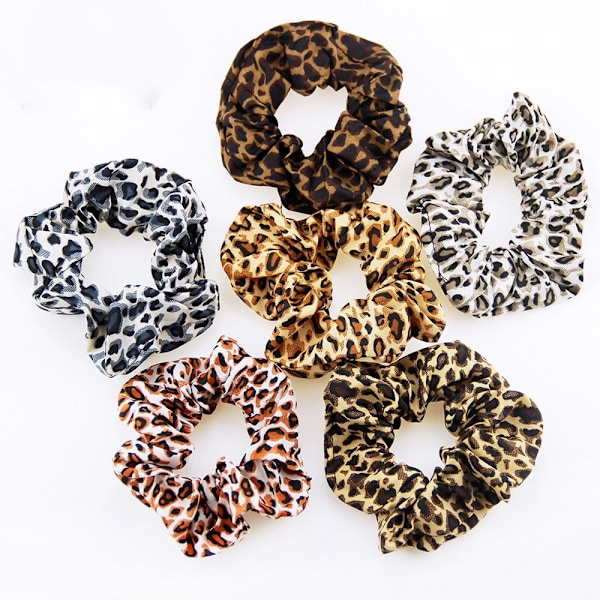 6 Dyreprint Scrunchies, Leopard Print, Hårtilbehør