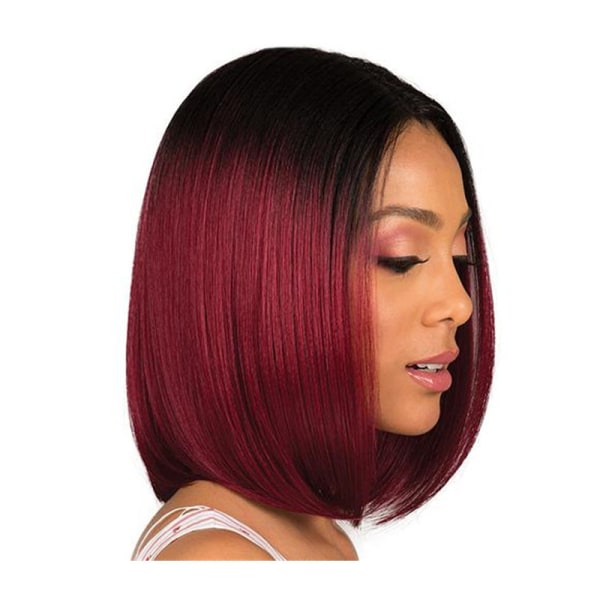 peruk kort rakt hår sort gradient vinrød daglig fest peruk kvinder naturligt som äkta hår-Svart gradient vinrød