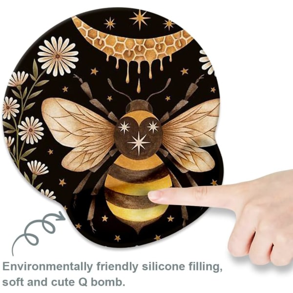 Musmatta med handledsstöd, Honey Bee Söt specialtillverkat spil, halkfri gummibas musmatta, ergonomisk