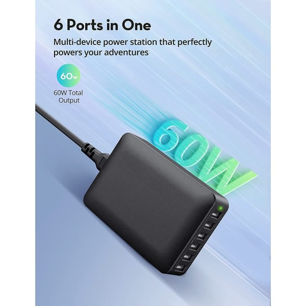 USB-laturi, 6 porttia 60 W USB-latausasema