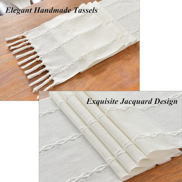 Bomullslinne bordslöpare bondgårdsstil vit bordslöpare 180 cm med handtofsar för fest, matsal dekorationer (vit, 180 cm)