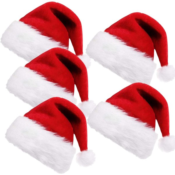 Heyone 5-pack jultomtehatt för vuxna barn, plysch samet julmössa Traditionell Röd Vit Festhatt för jul Nyår Festligt