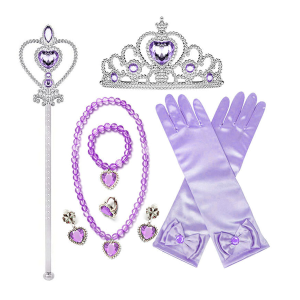 Prinsessamekko tarvikkeet naamiaisiin, Prinsessakruunu/Elsa-asu peruukki/diadeemi/käsineet/taikasauva/sormus/korvakorut/kaulakoru, 2-10 vuotta, violetti purple