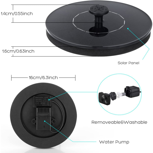 Solcelledrevet Fuglebadfontene Pumpe, Solfontene, Fristående Flytende Soldrevet Vannfontenepumpe for Fuglebad, Hage, Damm, Basseng, Utendørs
