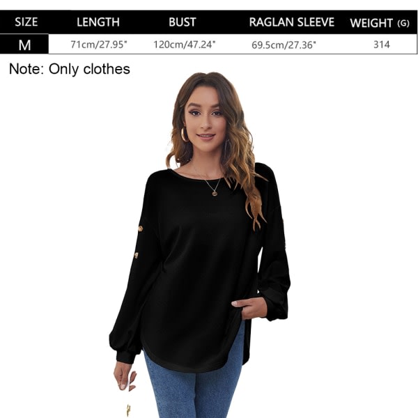 Kvinnor Fall Långärmad Loose Fit Casual Pullover T-Shirts -svart M CDQ