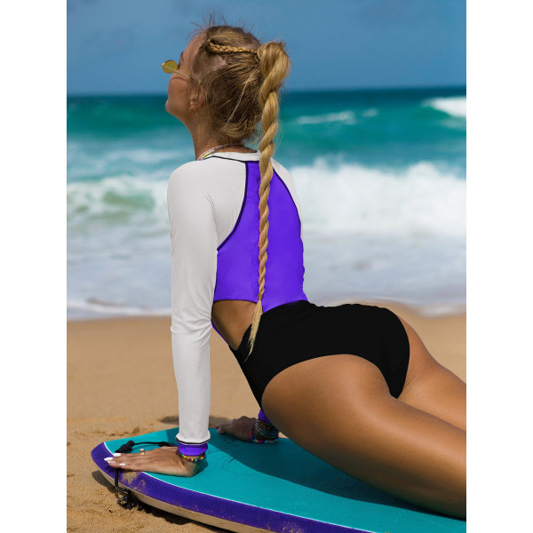 CDQ Långärmad färgglad färgad bikini i ett stycke för skydd mot solen White plus lila LCDQ