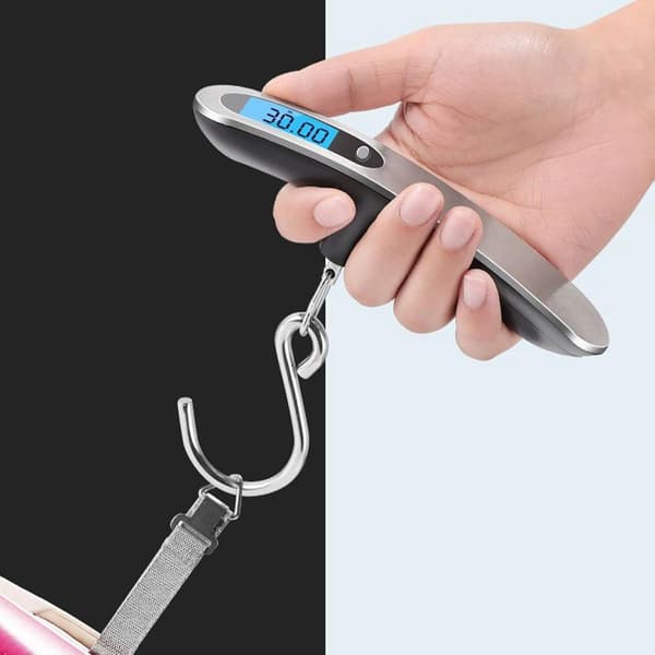 Digital bagagevægt, bærbar ABS og rustfrit stål, 50 kg kapacitet, LCD-display, fire enheder, til rejser, sølv