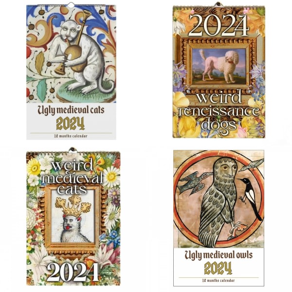 Grimme middelalderkattekalender 2024 | Rolig Ugly Owl Väggkalender | Weird Reneissance Cats Dogs Calendar 2024 | Djurväggkalender rolig præsentere A