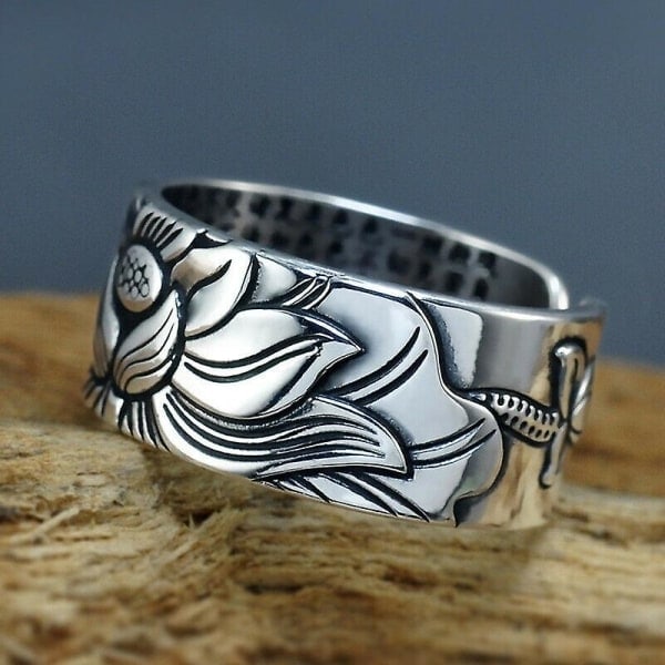 99 Sølv Lotus Ring med Hjerte Sutra Justerbar Open End Finger Ring Smykker Gaver