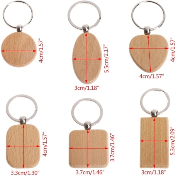 6 stk Uferdige Tre Nøkkelringer for DIY Gaver & Håndverk