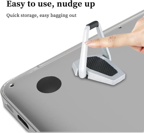Mini-laptopställ 2-pack, hopfällbart självhäftande stativ i zinklegering med halkfria silikonkuddar, bärbart stöd för laptop, tangentbord och surfplatta, silver