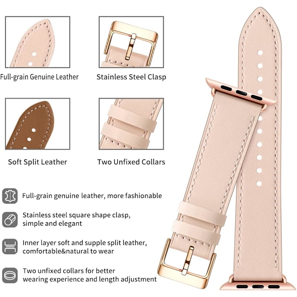 Apple Watch läderarmband, ersättningsarmband i äkta läder för Apple Watch Series 9 8 7 6 5 4 3 2 1 & iWatch SE, Ultra (38 mm 40 mm 41 mm, Roséguld) Pink