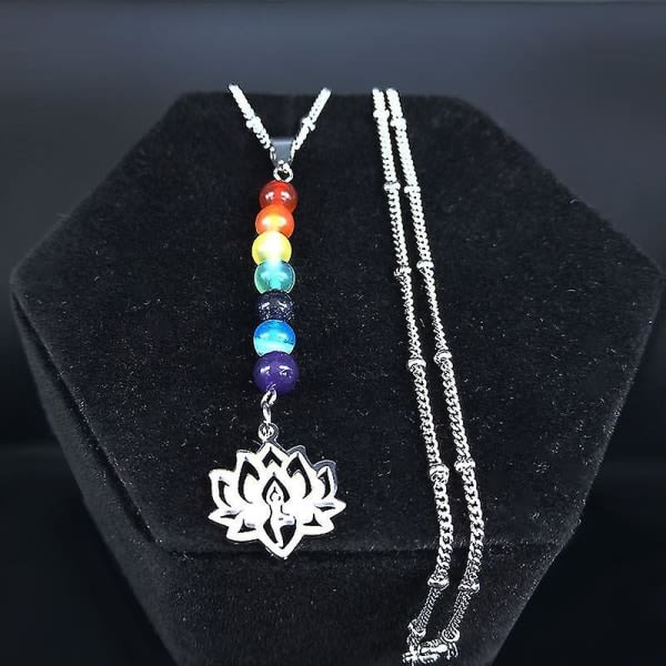 7 Chakra Lotus Flower Of Life Natursten Halsband i rostfritt stål Yoga Reiki Healing Halsband Smycken Halsband N9173s02 træ 50cm JZP SR