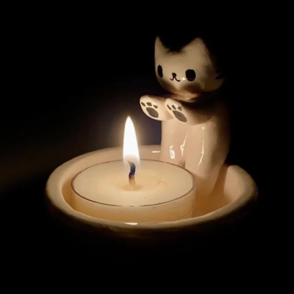 Tecknad kattunge ljushållare, kattunge värmer sina tassar Söt doftljushållare white ears