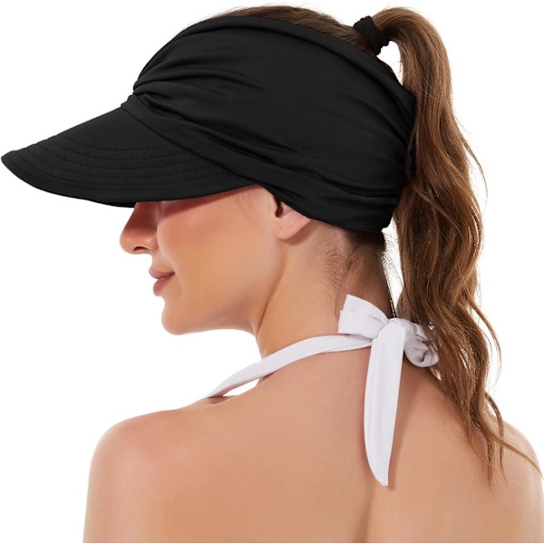 Solhatte til kvinder UV-beskyttelse Solskærm Bred Skygge Sommerhatte med hestehale 2 Pack Black