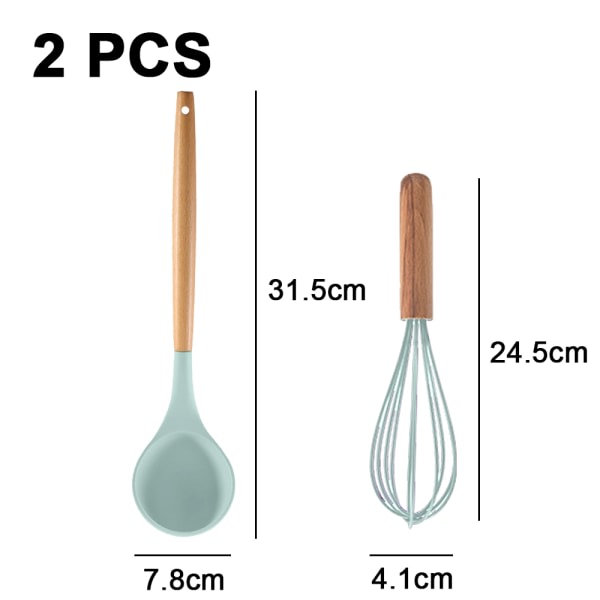 CDQ 2. set, lätt att rengöra köksredskap i trä, Keittolusikka + munavatkain (järvenvihreä)