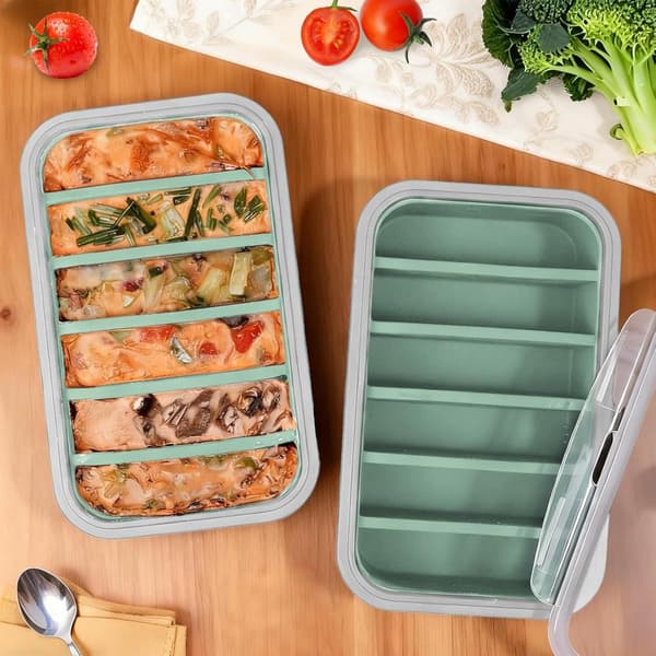 Silikonsoppfrysförpackning med lock 2-pack, 6-portions isbitsform med mått för såsbuljong barnmat, grön