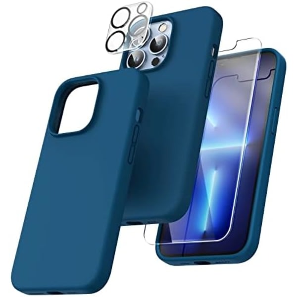 TOCOL 5 i 1 for iPhone 13 Pro Max-deksel, med 2-pack skjermbeskyttelse + 2-pack kamerabeskyttelse, flytende silikon [Anti-Scratch], Alpine Gree Midnight Blue