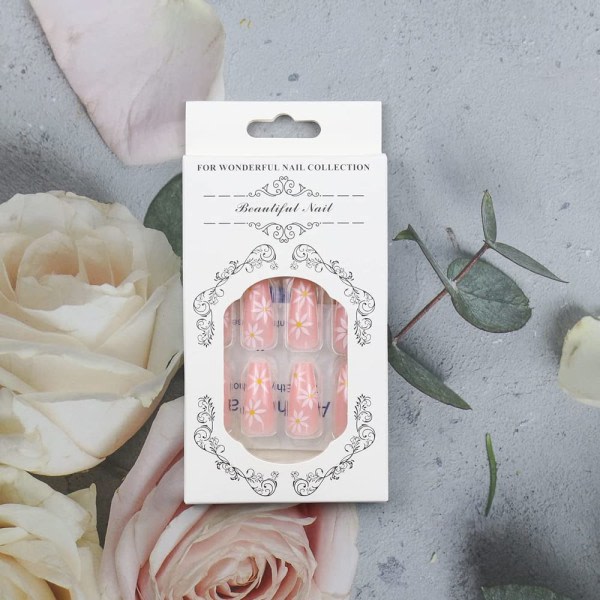 CDQ 24-pack långa franska blommiga lösnaglar i rosa akryl med glänsande ballerina-design