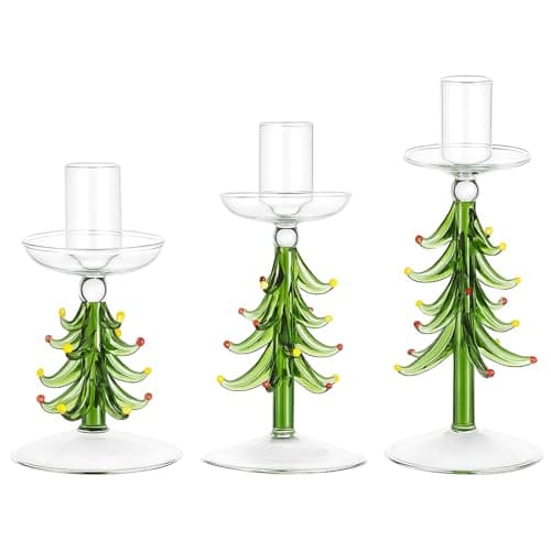 3-delad ljusstake i glas, julgransbordsdekoration för julfester och middagar, grön