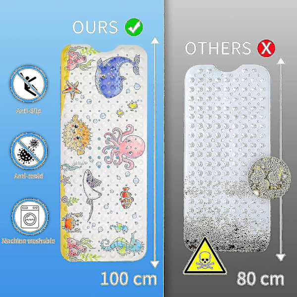 Mng halkfri bademåtte 100x40cm, halkfri badekarsmåtte med 200 sugekopper PVC-material, brusemåtte med tegnede havdyr til