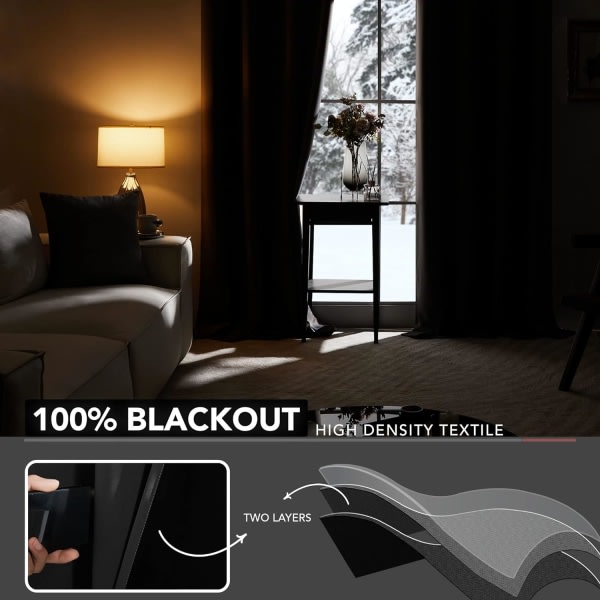 100 % Blackout Cordura svart gardiner med bakside, termisk, akustisk gardiner for boende (B 52 x L 84 tum, svart)