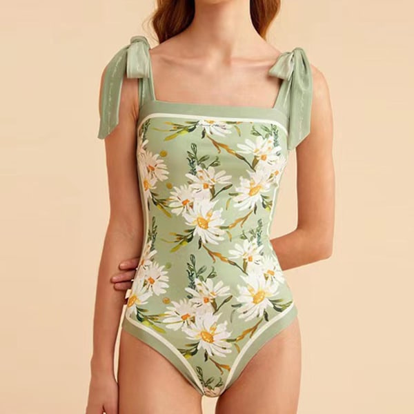 Klassisk blommig baddräkt för dam, sexig fyrkantig halsringning, baddräkt för strandfest, semester, blå Blue M