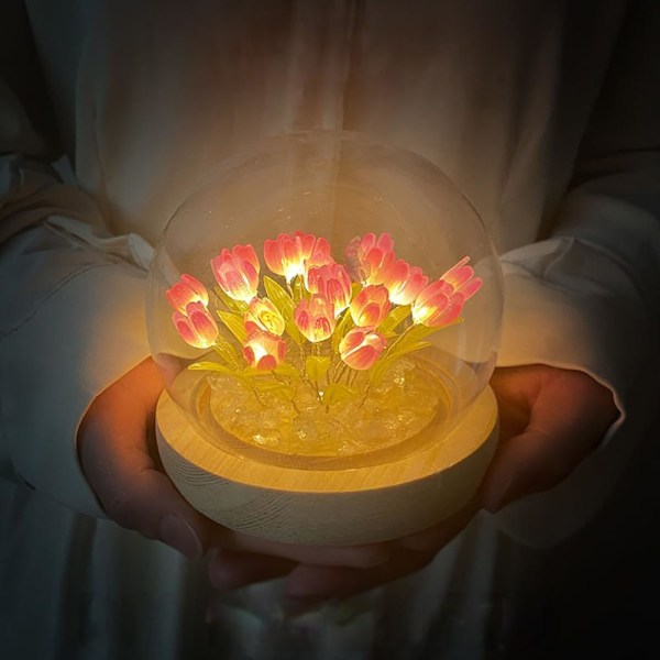 20 Blomster) Sammensat Tulip Lampe Natlampe med Glaskuppel, Stilfuld Håndlavet Kunstig Blomst Bordlampe Soveværelses Skrivebordsdekoration