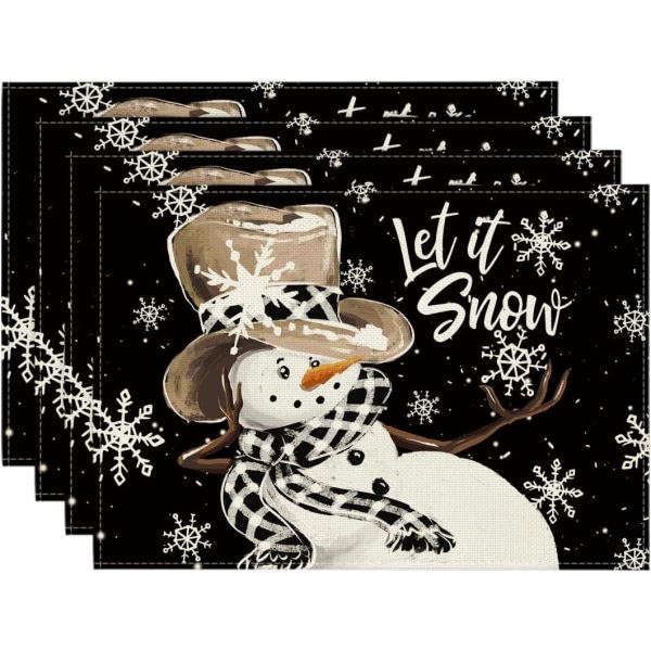 Svart snögubbe Snowflake Let it Snow Vinter bordstabletter Set med 4, 30x 45cm Säsongsbunden julbordslöpare för fest Köksmatsal dekoration