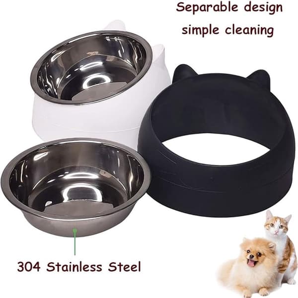 Kattehovedformede kæledyrsskåle sæt med 2 - 200 ml - Rustfrit stål - Sort/hvid - Til kat og hund - Vand/mad