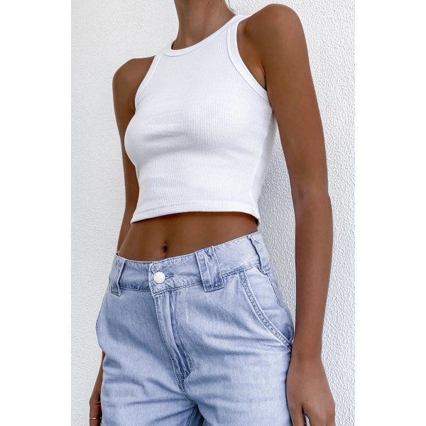 Damer Rund Hals Basic Racerback Camisole Ribstickad Solid Ärmlös Linne, 1 ST-VIT, XL