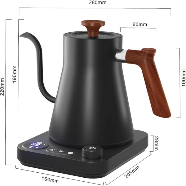Svanenhals Elkedel - 0.9L - Med Temperaturkontrol - 304 Rustfrit Stål - Ultra-Stille - Sort