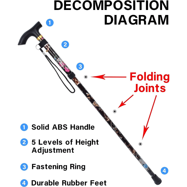 Sort - 1-delt sammenklappelig stok, blomst aluminium Walking St