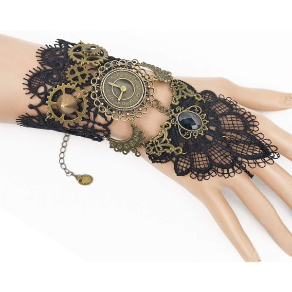 Fingerlösa handskar Gothic Floral Spets Steampunk Armband Klocka Vintage Gear Handskar Brudarmband Strass Ring Set - 1 par
